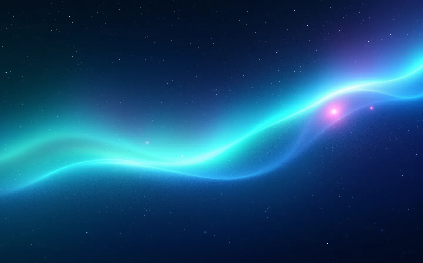 A cosmic aurora visualization of a luminescent-green parent-protein sky band with a brighter cyan fragment-arc curving across it, on a deep-space ground with faint stars